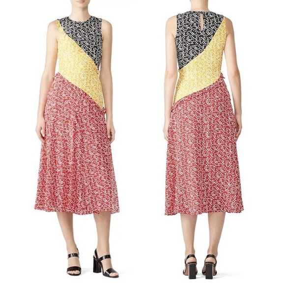 SALONI Agnes Multicolor Silk Crepe Dress Tiered Ruffle Sleeveless Midi Dot Red 8 - Picture 1 of 8